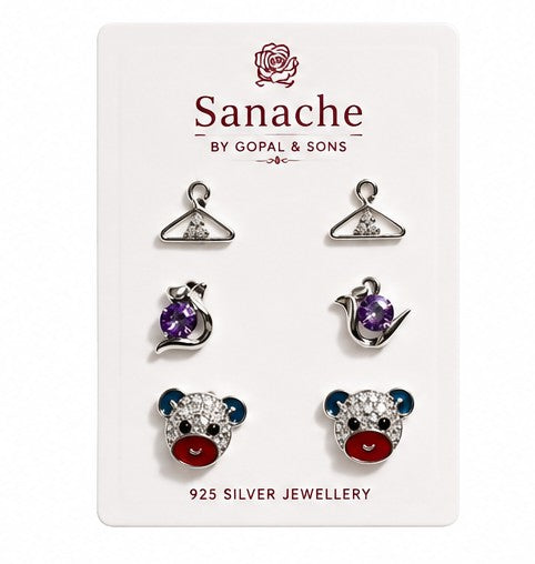 Teddy Bear Stud Earrings Set with Planet & Umbrella Charms - 925 sterling silver jewellery by Sanache (photo 2)