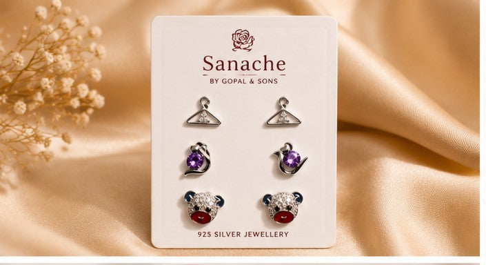 Teddy Bear Stud Earrings Set with Planet & Umbrella Charms - 925 sterling silver jewellery by Sanache