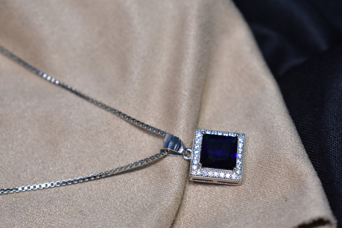 Blue Sapphire Square Pendant - 925 sterling silver jewellery by Sanache