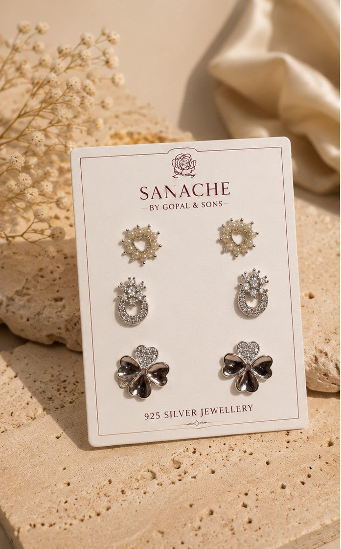 Celestial Charm 3-Pair Stud Earrings Set - 925 sterling silver jewellery by Sanache